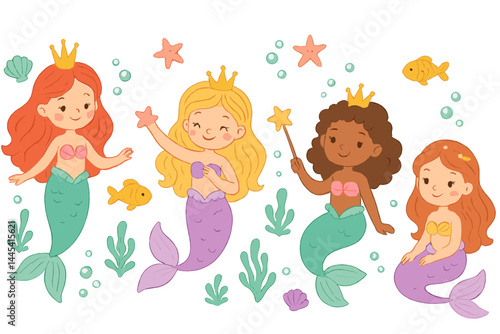 Cute vector icon featuring four cheerful mermaids with crowns playing in an underwater scene with fish and sea plants during a sunny day