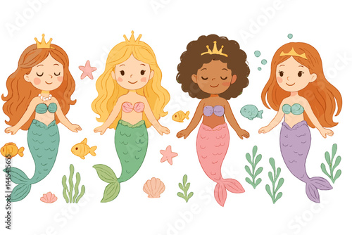 Colorful vector icon of four cheerful mermaids in a playful underwater setting with friendly fish