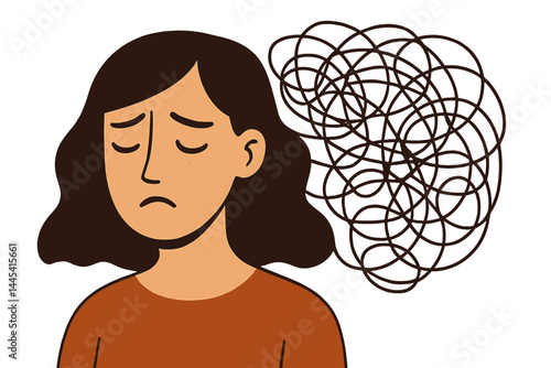 Woman expressing feelings of confusion and anxiety through a vector illustration with swirling thoughts
