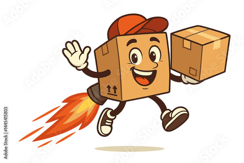 Cartoon character with rocket-powered box delivering packages quickly and joyfully