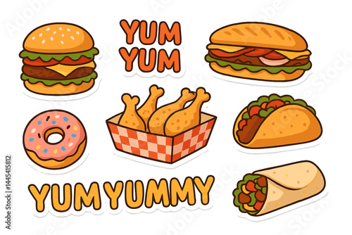 Delicious vector icons of various fast food items including burgers, tacos, donuts, and fried chicken for fun graphics
