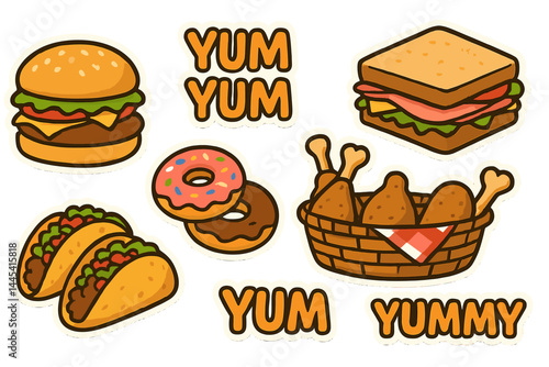 Cute vector icons featuring various delicious foods including burgers, tacos, donuts, and fried chicken with fun text elements