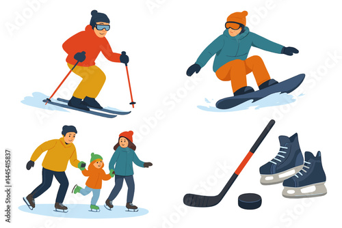 Fun winter sports activities including skiing, snowboarding, ice skating, and hockey with people enjoying the snow