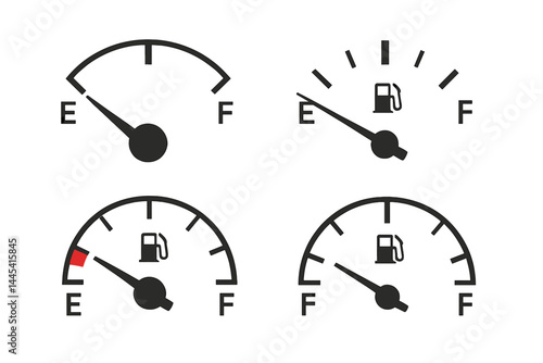 Fuel gauge vector icons showing various levels of gas in a vehicle tank during a driving scenario