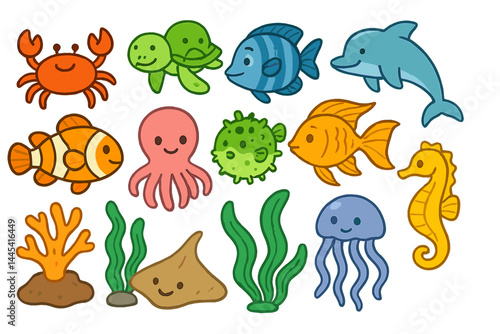 Cartoon vector icon featuring underwater marine animals and plants in a colorful design for educational purposes