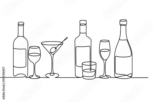 Stylized vector icon depicting various glasses and bottles of beverages on a table
