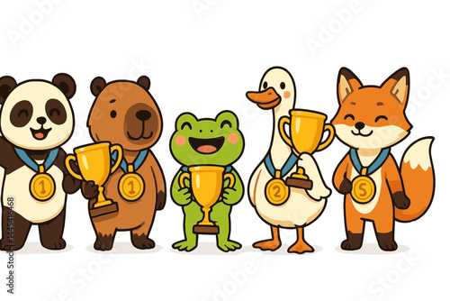 Cute vector icon featuring animals celebrating with trophies and medals in a joyful competition setting