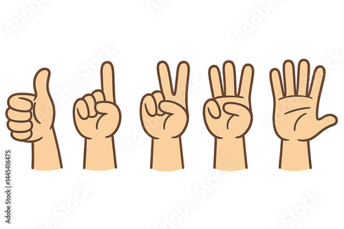 Hand gesture vector icons representing numbers one to five for educational and communicative purposes