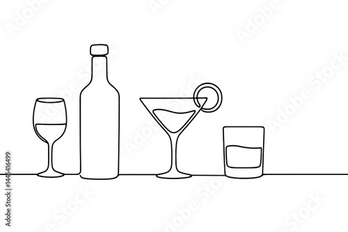 Minimalist vector icon featuring various types of glasses and a bottle arranged on a flat surface