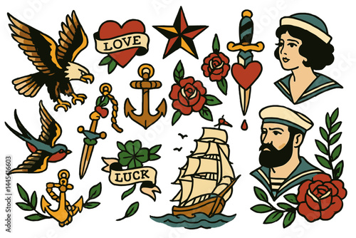 Vintage nautical tattoos featuring seafaring symbols and traditional designs with roses and hearts