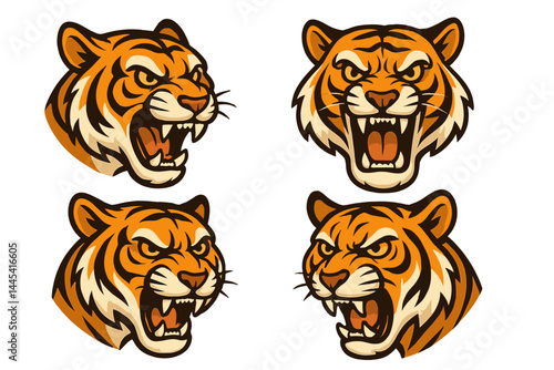 Vector icon of four aggressive tiger heads with distinct expressions in orange and black colors showcasing ferocity and strength