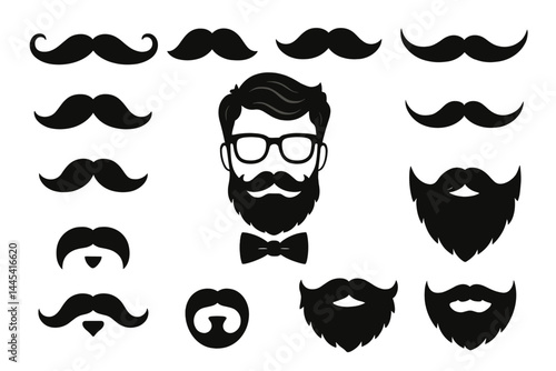 Stylized vector icons of various mustache and beard designs suitable for graphic applications and creative projects