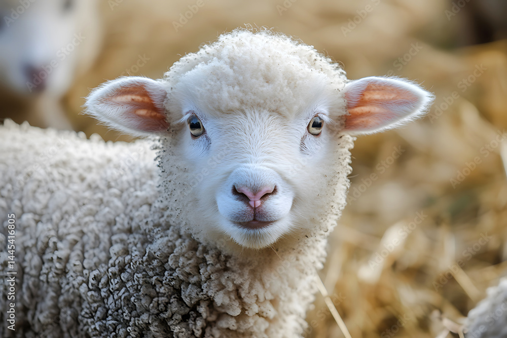 Fototapeta premium Close-up of Adorable Lamb: A captivating portrait of a fluffy, young lamb gazes directly into the camera, its innocent eyes reflecting the simplicity and purity of nature.