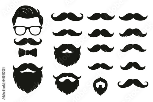 Various vector icons of mustaches and beards with glasses and bow ties for creative design projects and styling themes