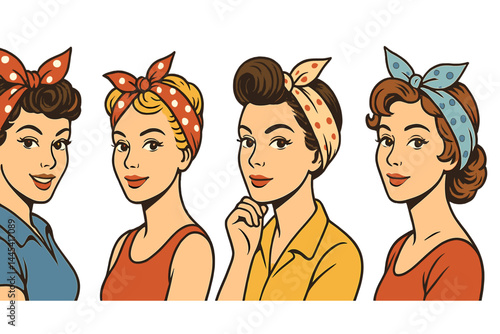 Vintage vector icon of four stylish women with headscarves in various colors and hairstyles