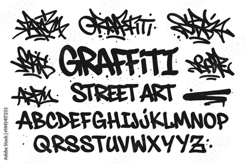 Graffiti vector icons showcasing various street art styles and lettering designs in black and white colors