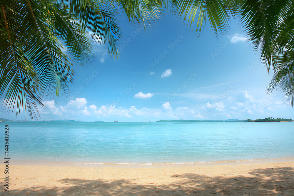 Obraz premium Tropical beach with soft golden sand and calm turquoise waters, framed by palm leaves, distant blurred island, bright blue sky, and open space for text