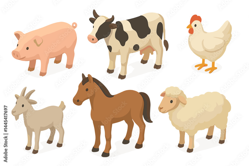 Farm animals depicted in vector style showcasing pig, cow, chicken, goat, horse, and sheep Farm animals depicted in vector style showcasing pig, cow, chicken, goat, horse, and sheep