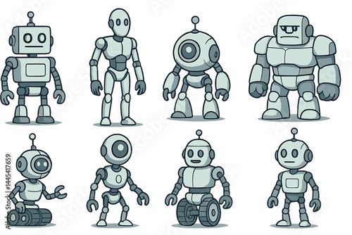 Various robot icons showcasing different designs and styles in a simple vector illustration format