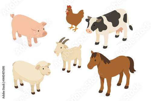 Vector icon featuring various farm animals including a pig, chicken, cow, goat, sheep, and horse in a playful design