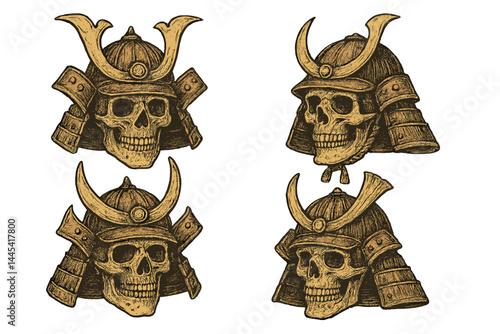 Skull with samurai helmet design vector icon for graphic art and merchandise