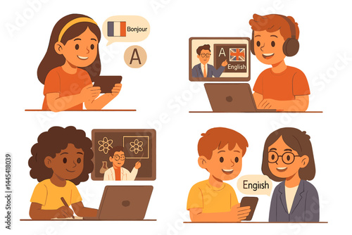 Kids engaging in language learning through digital tools while having fun with interactive content