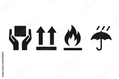 Vector icon set featuring hands holding a box, arrows pointing up, fire symbol, and umbrella graphic
