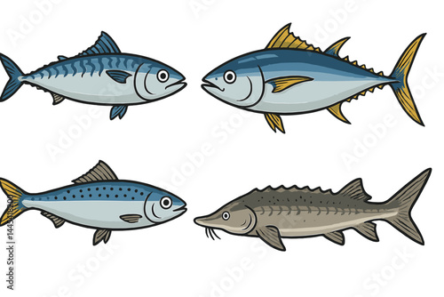 Collection of vector icons featuring different types of fish in a simple, colorful design for educational or graphic design purposes
