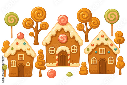 Colorful vector icon of gingerbread houses with candy decorations in a whimsical outdoor setting