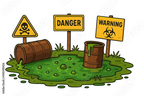 Vector icon depicting a hazardous waste site with toxic barrels and warning signs indicating danger and contamination