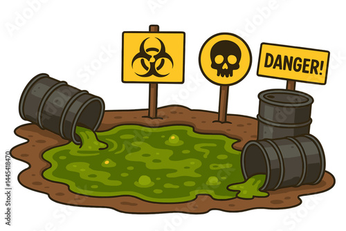 Hazardous waste site with toxic barrels and warning signs indicating danger and biohazard risks