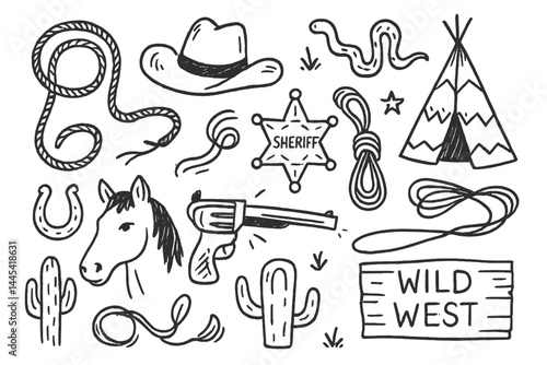 Vector icon depicting various Wild West elements such as a sheriff badge, gun, horse, and cacti in a playful design for themed projects