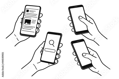 Four hands holding smartphones displaying different activities in a vector design for digital content
