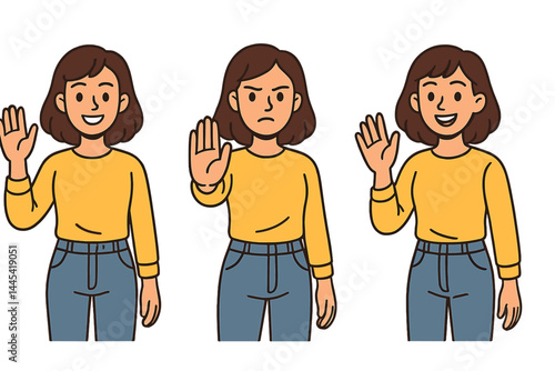 Vector icon of a woman showing various hand gestures illustrating greetings and expressions of emotions
