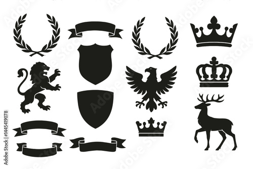 Various vector icons of heraldic symbols featuring crowns, animals, and decorative elements