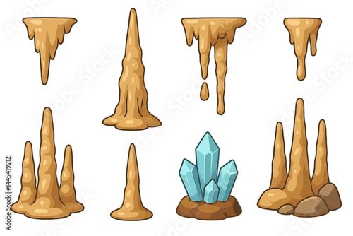 Vector icon set featuring various stalactites, stalagmites, and crystals in a stylized design for digital applications