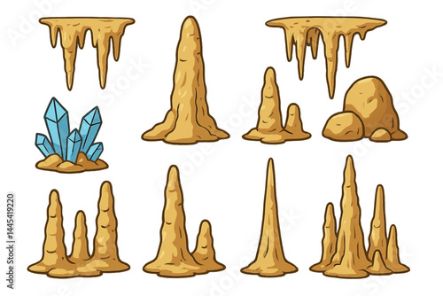 Collection of vector cave formations including stalactites, stalagmites, and crystals in various styles and shapes