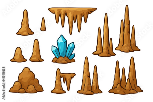 Vector icon set of cave formations and crystals in a simple design suitable for various graphic projects related to nature and geology