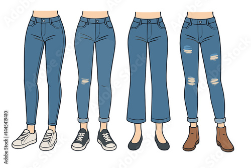 Various styles of denim pants displayed in a vector icon format showcasing different fits and designs