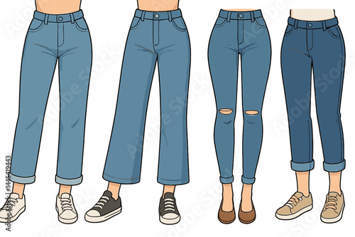 Collection of vector icons showcasing various styles of women's denim jeans in different cuts and designs