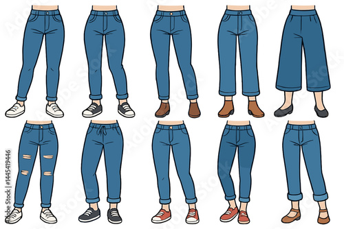 Collection of vector icons showcasing different styles of jeans and footwear in casual settings for fashion representation