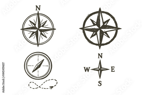 Vector icon set featuring various styles of compasses for navigation and orientation purposes