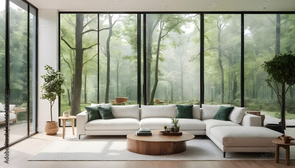 Fototapeta premium Modern Sectional Sofa in Minimalist Living Room with Forest View