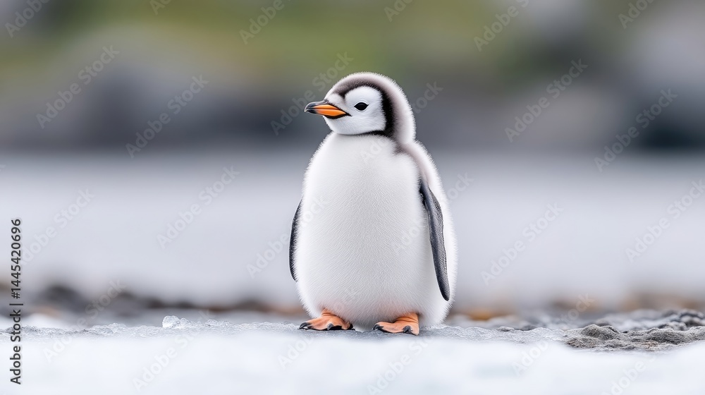 Obraz premium Cute baby penguin chick stands on the snow in its natural Antarctic habitat during daytime.