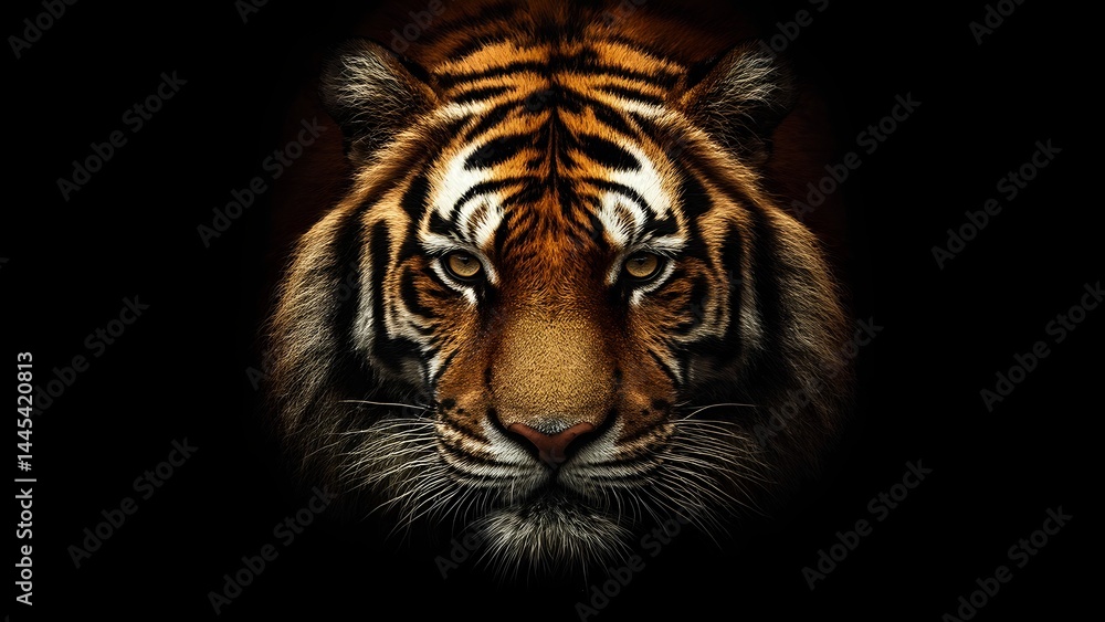 Focused tiger portrait with intense gaze and dramatic lighting on black Focused tiger portrait with intense gaze and dramatic lighting on black