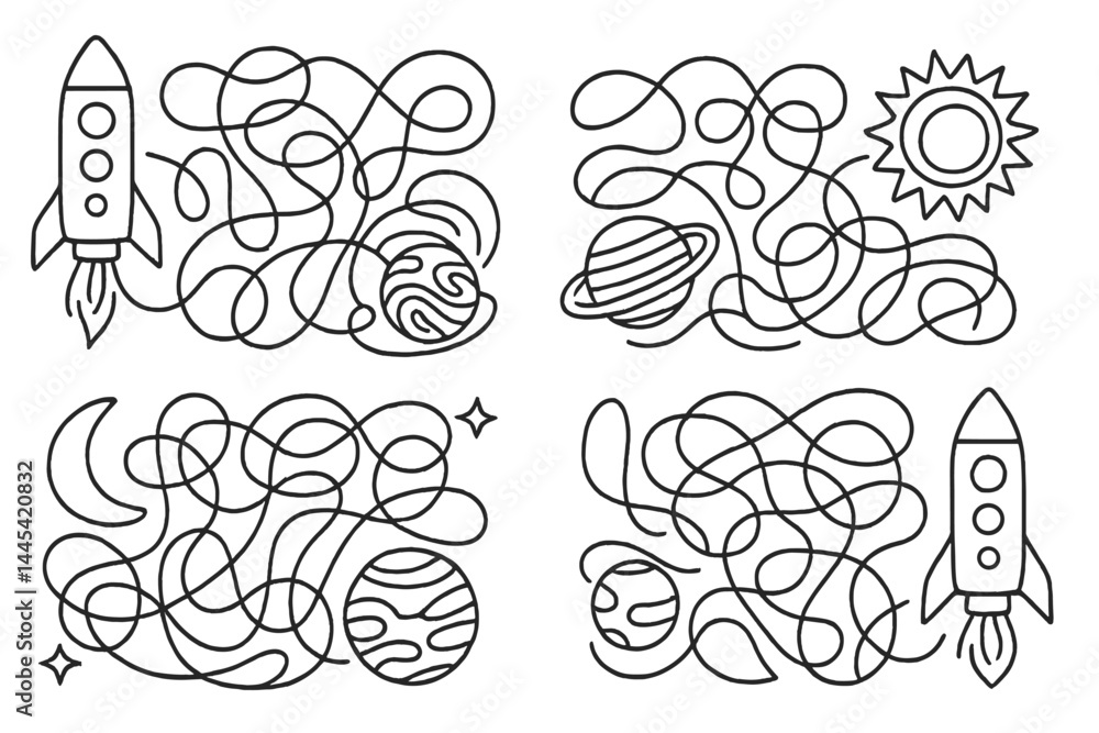 Creative vector icon featuring rockets and celestial bodies in a winding path design suitable for various artistic projects Creative vector icon featuring rockets and celestial bodies in a winding path design suitable for various artistic projects