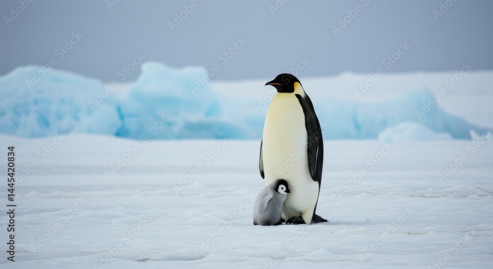 Obraz premium Emperor Penguin Protecting Chick - An adult emperor penguin stands protectively over its small chick on a snowy Antarctic landscape
