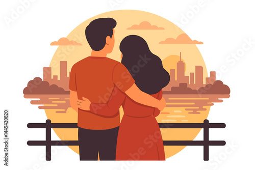 Couple enjoying a romantic sunset together in a city park overlooking a river with city skyline in the background