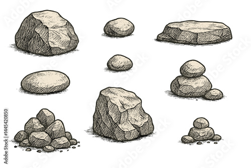 Various vector icons depicting different types and sizes of rocks and stones in a detailed sketch style for natural themes or outdoor design