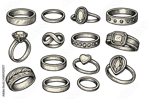 Stylized vector icon collection of various ring designs featuring unique shapes and styles